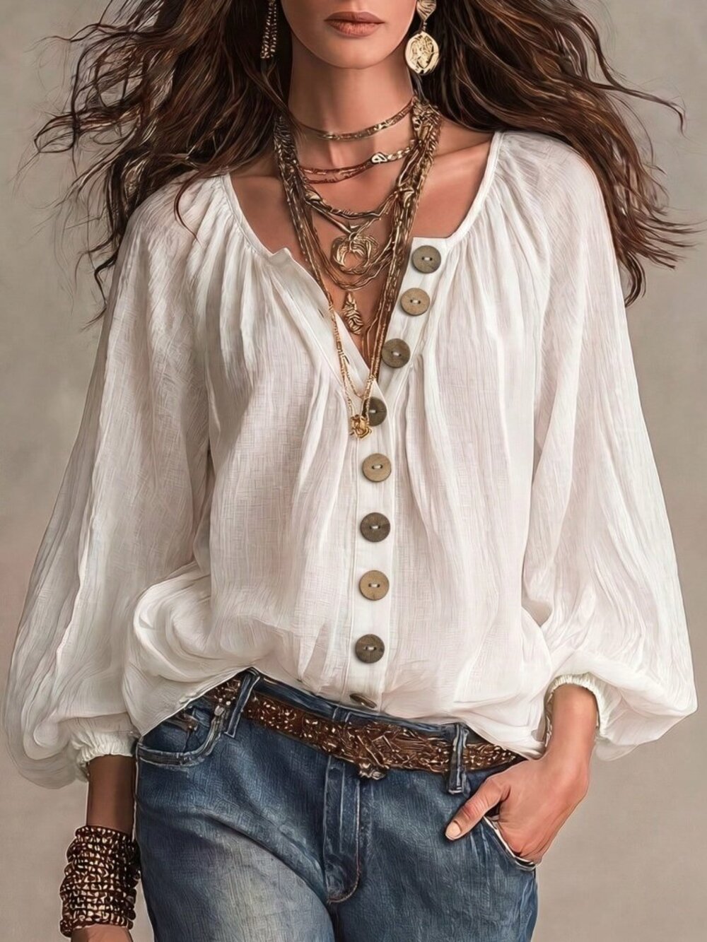 Apricot Casual Women's Loose Oversized Cardigan Collar Button Raglan Top
